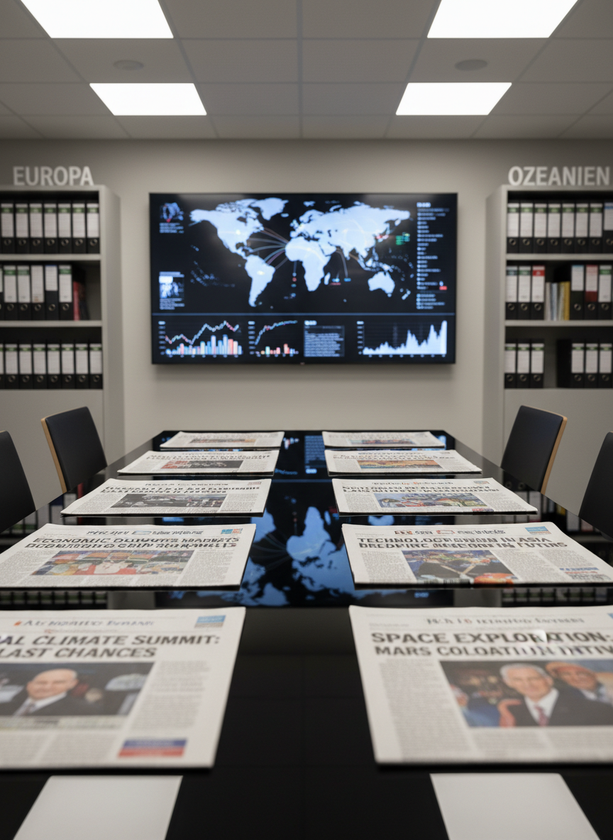 A polished black glass table with a neatly arranged spread of physical global newspapers in different languages, each featuring bold headlines about major world events, positioned under a large wall-mounted flat-screen displaying a live world map with moving data overlays. Soft, neutral office lighting from overhead panels casts even illumination, with subtle highlights on the glossy table surface and faint reflections of the headlines. The background shows blurred shelves with carefully organized binders labeled by regions such as “Europa”, “Amerika”, and “Azi”. Photographic realism, eye-level composition with a moderate depth of field, creating a serious, analytical atmosphere for a professional world news analysis section.