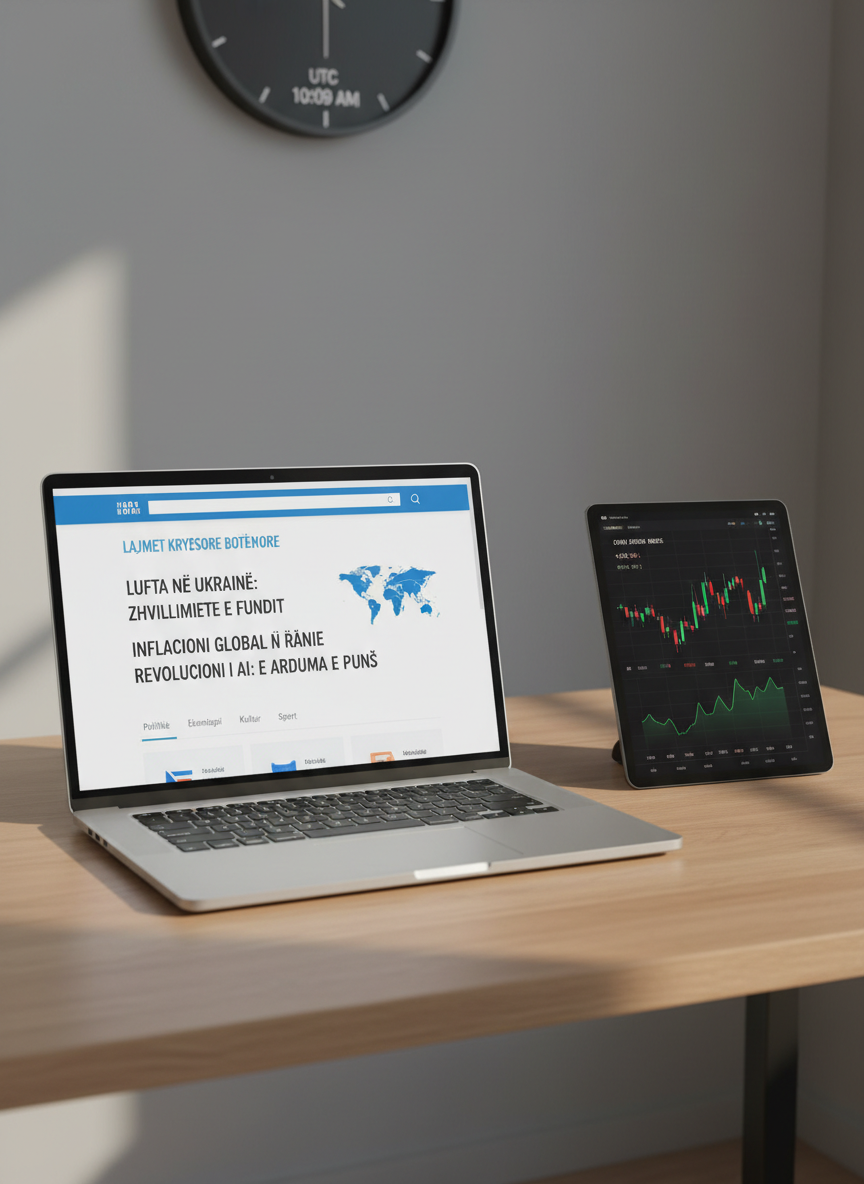 A minimalist, modern desk setup with a slim, silver laptop open to a professional world news homepage in Albanian, displaying a clean layout of headlines, a small interactive world map, and category tabs like “Politikë”, “Ekonomi”, and “Teknologji”. The laptop rests on a light oak surface beside a dark matte tablet showing a live global stock index chart. Soft daylight filters in from an unseen window, creating gentle, natural highlights on the metal laptop body and soft shadows behind the devices. The background is a simple, out-of-focus gray wall with a discrete clock showing UTC time. Photographic realism, shot from a slightly elevated angle, clean and modern, emphasizing clarity, focus, and reliability in digital news consumption.