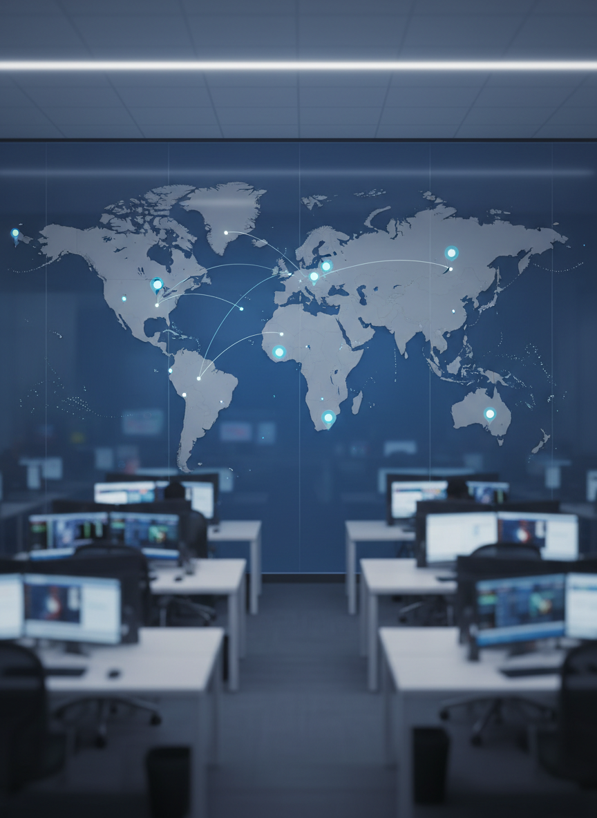A large, high-resolution world map made of matte, deep blue oceans and precisely outlined continent shapes in cool gray, displayed on a sleek glass wall in a modern newsroom environment. Around the map, small illuminated pins and glowing data points indicate global hotspots, with subtle lines connecting major cities. Clean, neutral-toned desks with neatly arranged monitors sit in soft focus at the edges. Cool, diffused studio lighting creates gentle reflections on the glass surface and crisp shadows along the map’s contours. Photographic realism, shot at eye level with a slightly wide angle, emphasizing clarity, professionalism, and a calm yet alert atmosphere suitable for a global news homepage hero image.