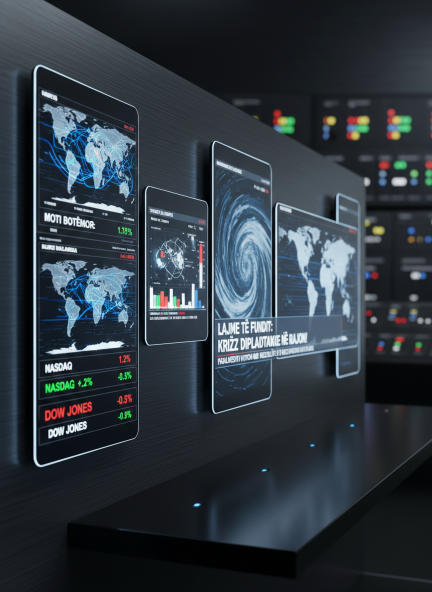 A close-up of multiple large, ultra-thin digital news screens mounted on a dark, brushed metal wall, each displaying different world maps, stock tickers, weather patterns, and breaking news headlines in Albanian. The screens emit a cool, bluish glow that reflects subtly on the metallic surface and the edge of a minimalist black console below. The background falls into a soft bokeh of additional control panels and indicator lights. Studio-style side lighting enhances the contrast between bright displays and the subdued environment. Photographic realism, captured from a slightly low, angled perspective, conveying a high-tech, data-rich, and authoritative mood for an international news platform.